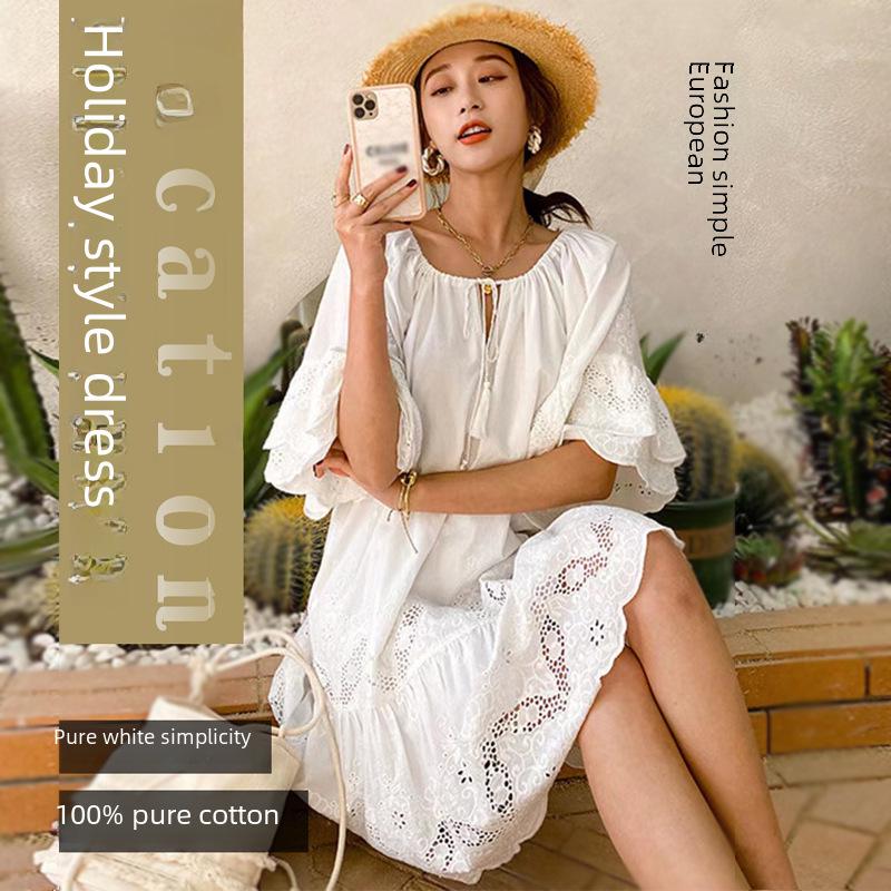 2025 Summer European-American White Lace Cotton Short Sleeve Commuter Dress