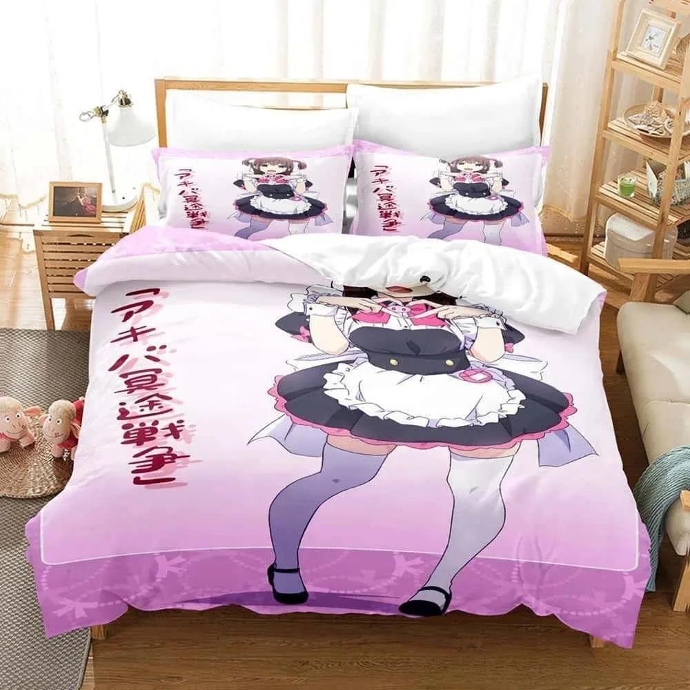 3D Anime Akiba Maid War Bedding Collection Single Twin Full Queen King Size Bed Collection Adult Kid Bedroom Duvet Cover Collections Home Textiles