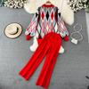 Conjunto de Moda para Mujer Otoño Invierno Suéter Holgado de Manga Larga a Cuadros Conjunto de Dos Piezas Pantalones de Punto Rectos de Pierna Ancha Adelgazantes de Cintura Alta