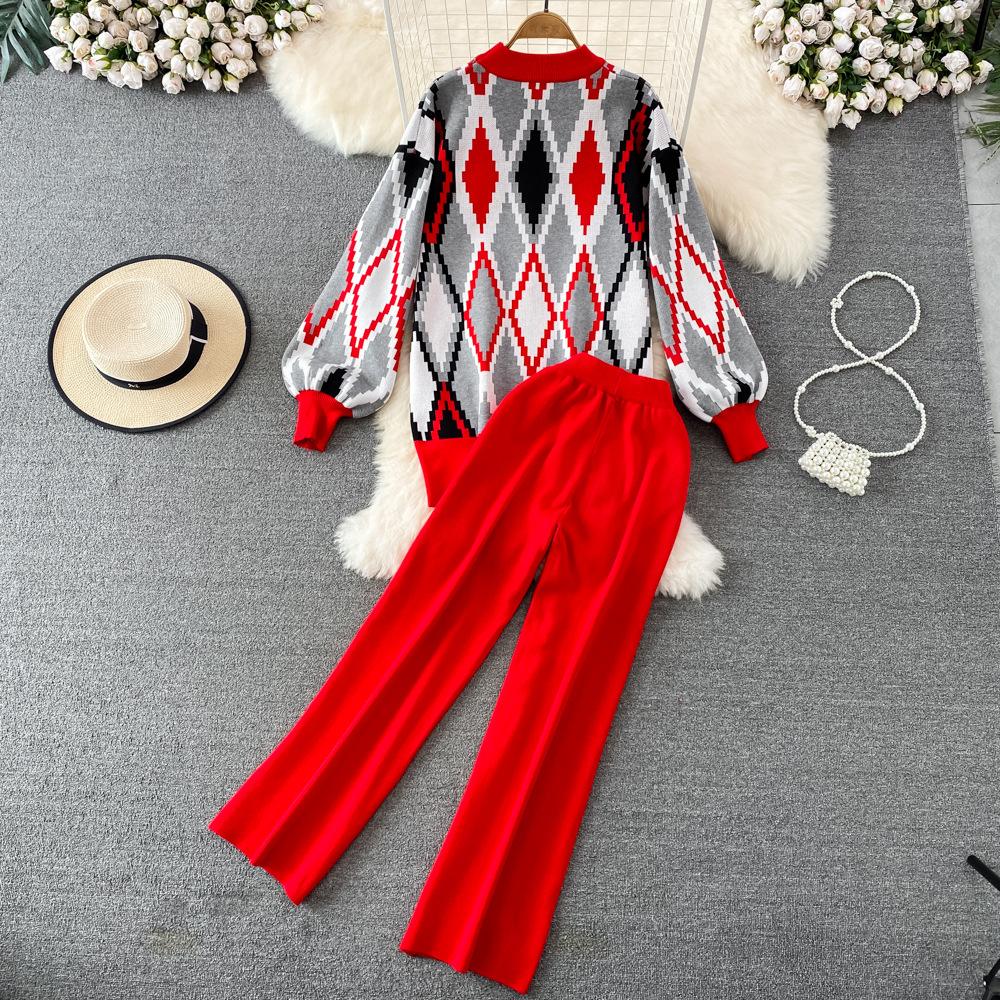 Conjunto de Moda para Mujer Otoño Invierno Suéter Holgado de Manga Larga a Cuadros Conjunto de Dos Piezas Pantalones de Punto Rectos de Pierna Ancha Adelgazantes de Cintura Alta