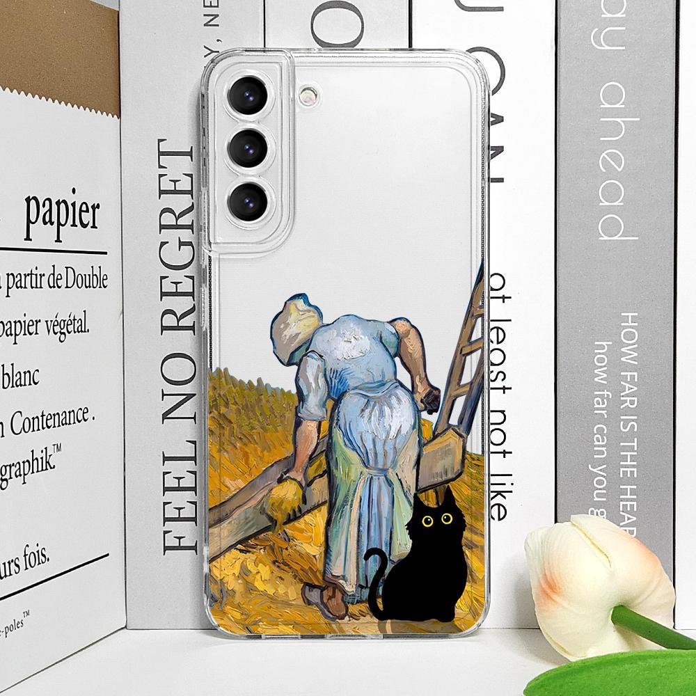 Vintage Oil Painting Van-Gogh Black Cat Phone Case for Samsung Galaxy A14 A16 A55 A54 A36 A53 A13 A15 A25 5G Scenery Clear Cover