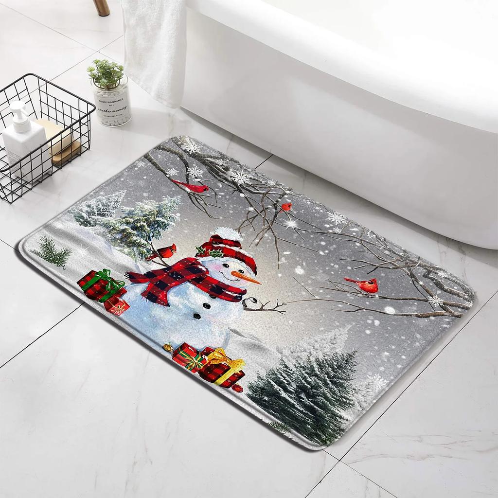 Winter Weihnachten Duschvorhang Set Niedlicher Schneemann Rote Vögel Geschenke Wald Zeder Neujahr Xmas Badezimmer Deko Duschvorleger Toilettensitzbezug