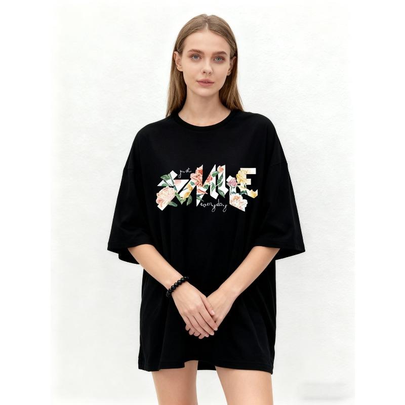 Oversized T Shirt Black Floral Print Just Smile Everyday Graphic Tee Casual Loose Fit Women Fashion Top Streetwear Summer Wear