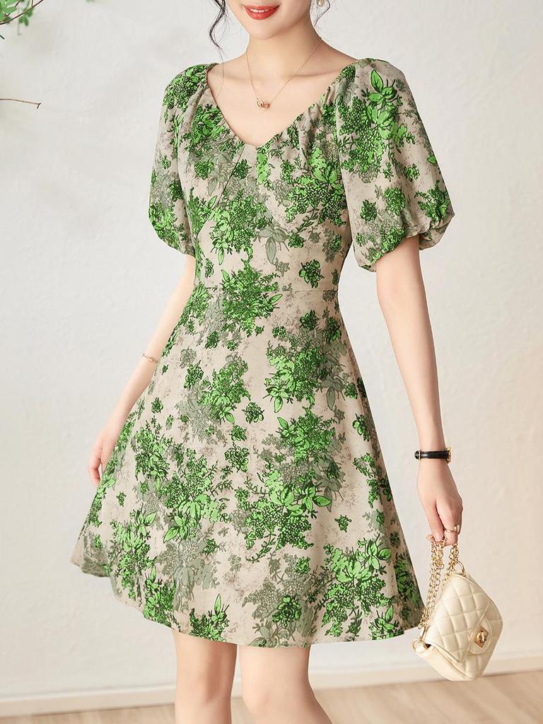 Sweet V-Neck Puff Sleeve Floral Tie-Back Dress