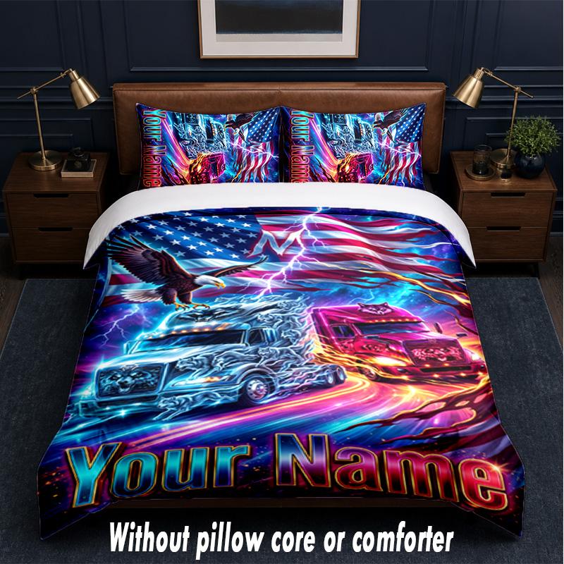 Truck Theme Custom Text Or Name 3Pcs Bedding Set,1 Flat Sheet & 2 Pillowcases Personalized Home Bedding