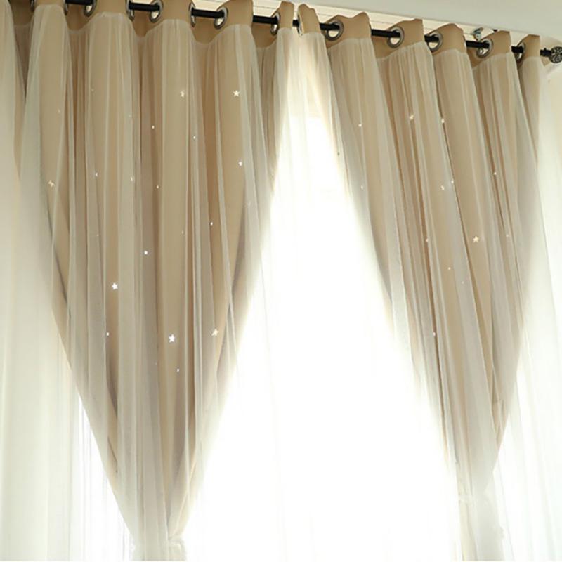 100*200cm Romance Double-Deck Cloth & Blackout Floor-standing Curtain Star Hollow Curtain Drape 2pcs