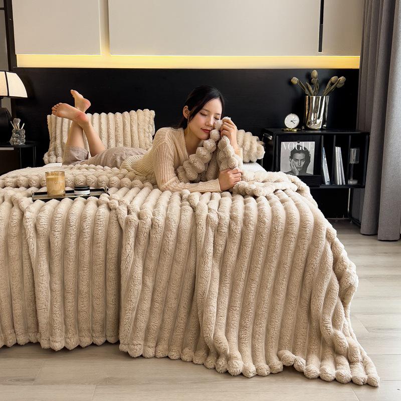 

2026 Luxurious Solid Color Striped Rabbit Fur Blanket 100×150cm [Single Piece]