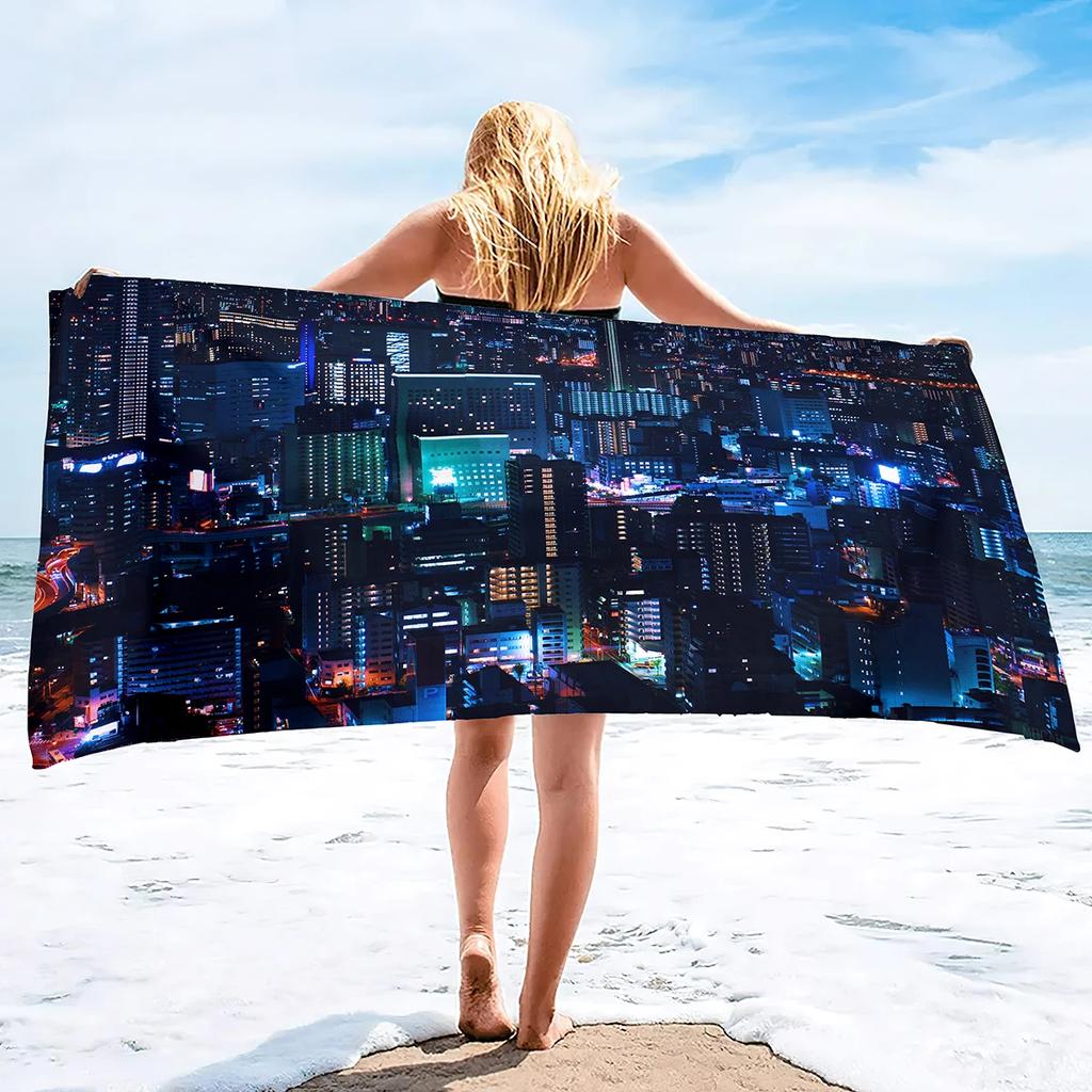 Cyber Style City Night Scene Sand Towel Beach Blanket Sand Free Microfiber Quick Drying Swimming Pool Towels Camping Towels