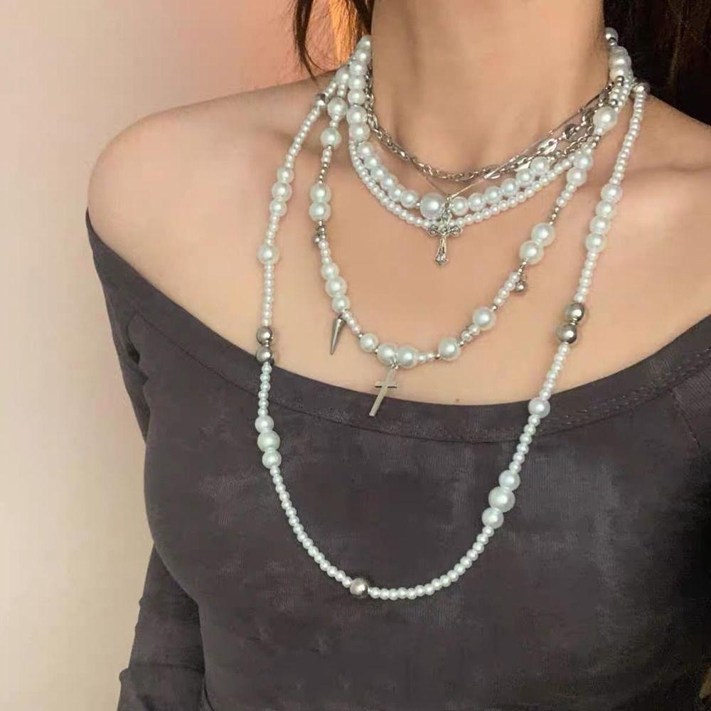 Cross Multi-layered Pearl Necklace Korean Style Women's Clavicle Chain  Jewelry Gift