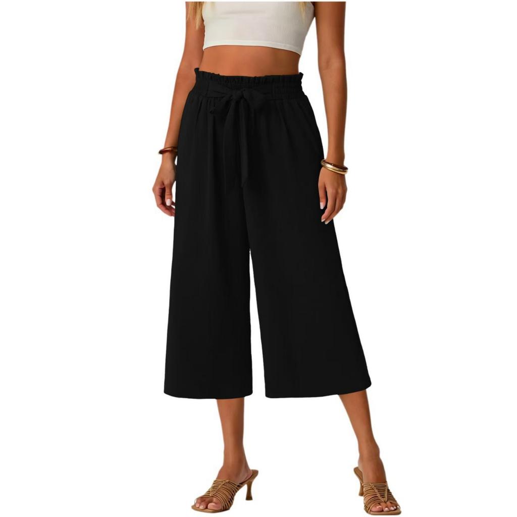Women's Summer Lace-Up -Color Loose-Fit Straight-Leg 7/8-Length Pants With Pockets And Lace-Up Elastic Waistband