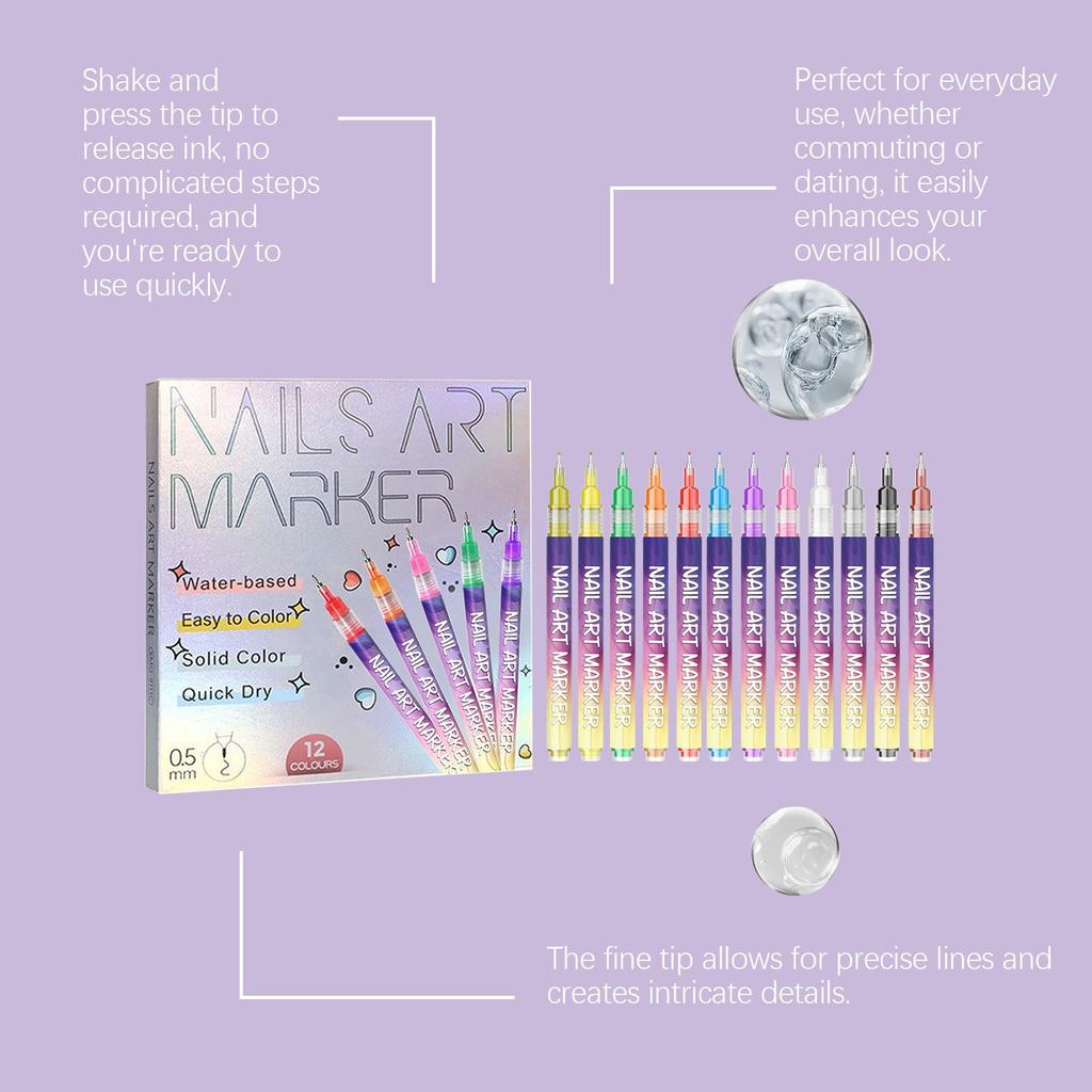 12 Colors Nail Art Marker Pen Set 0.5mm Ultra Fine Water-Based Quick Dry DIY Nail Graffiti Drawing Line Manicure Decoration Tool