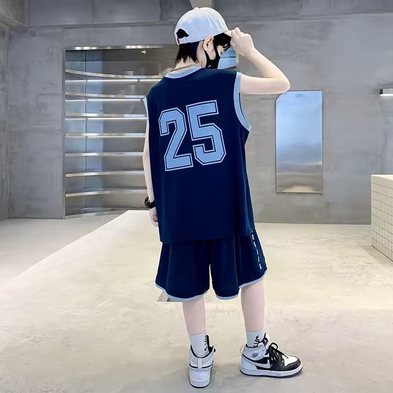2026 New Children's Summer Fashion Letter Printed Sleeveless T-shirt+Shorts 2-piece Sportswear Youth and Children's Basketball Sports Set