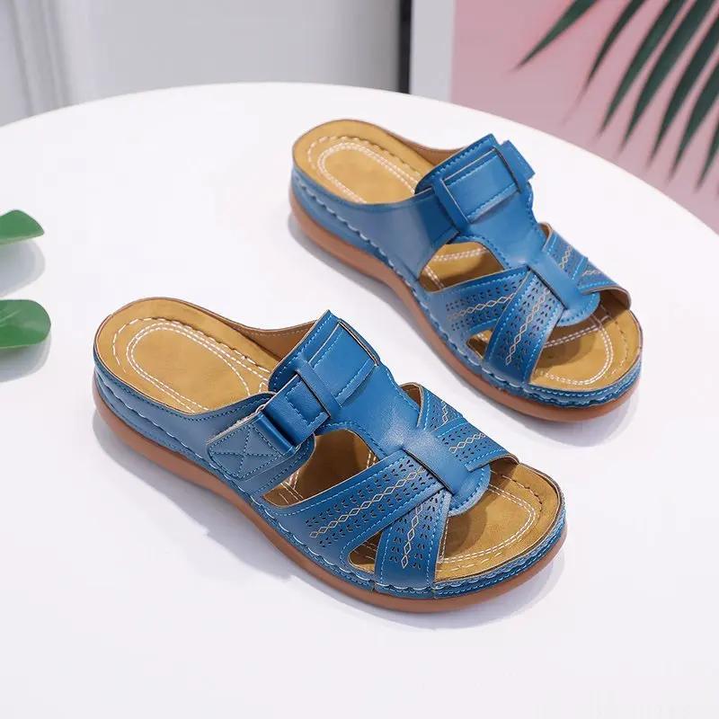 2025 Sommar Kvinnor Kilsandaler Premium Ortopediska Öppen Tå Sandaler Vintage Halkfri Läder Casual Kvinnliga Platåskor Retro