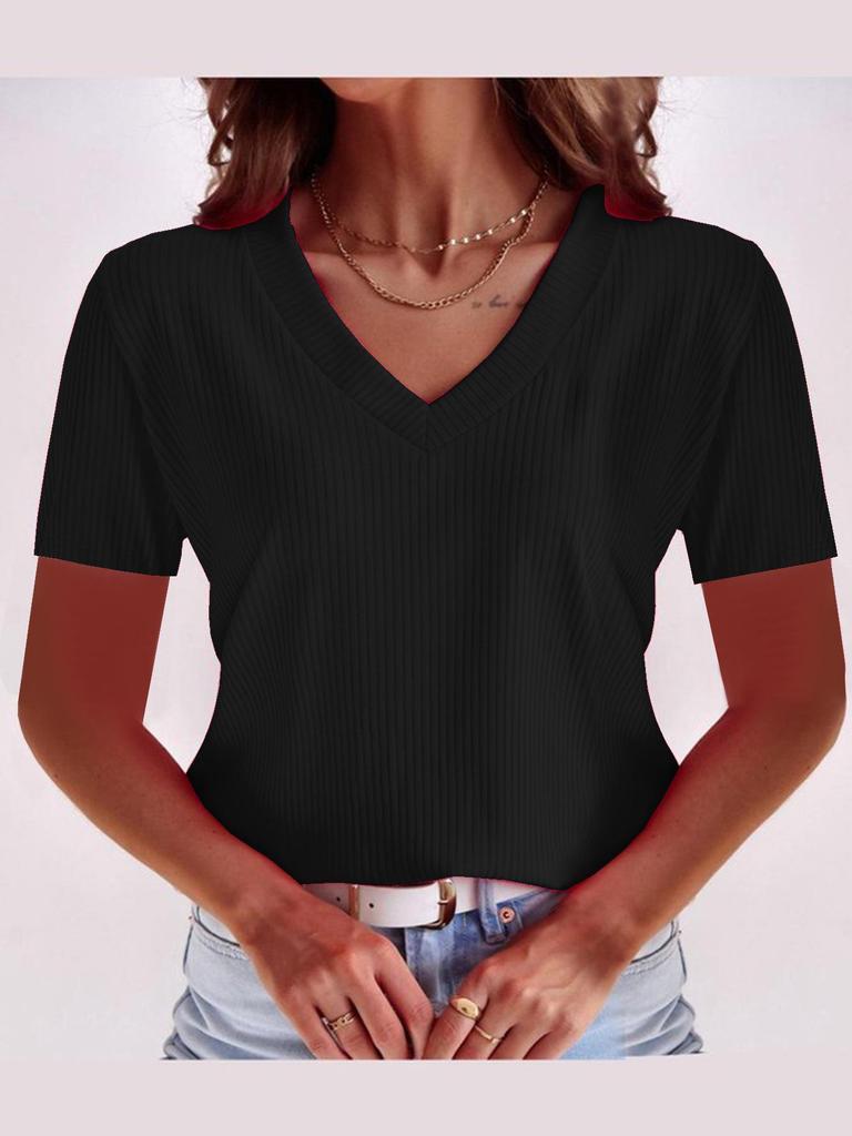 Vibrant Solid Color V-Neck Plus Size Casual Women's T-Shirt, Short Sleeve, 2025 Collection.