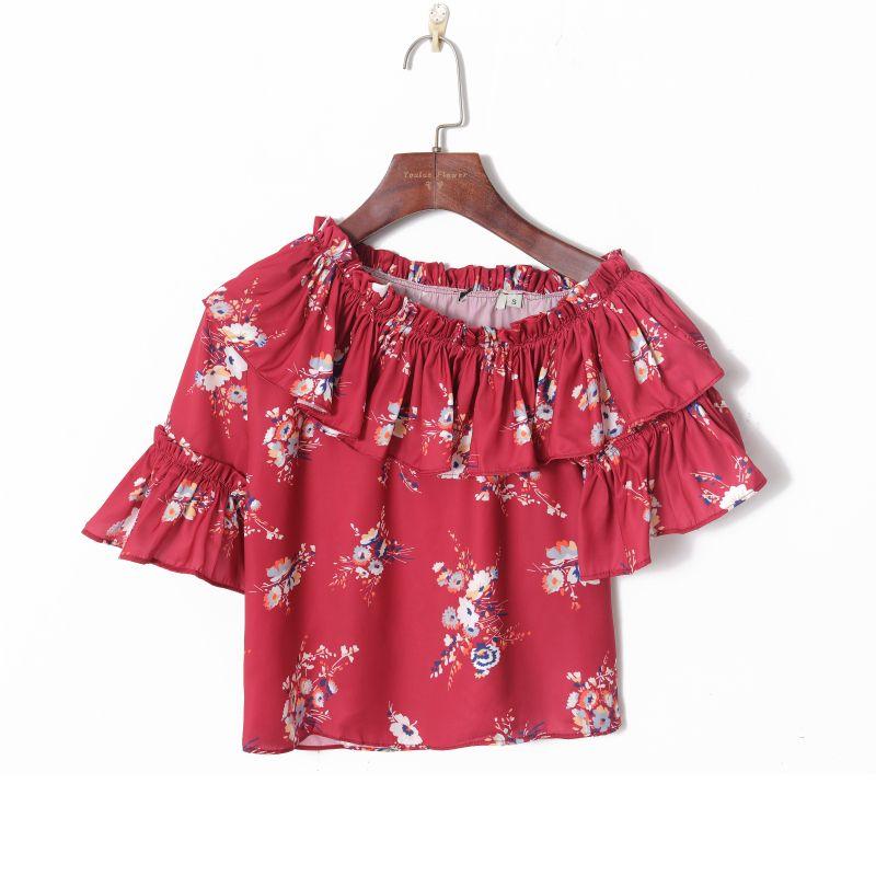 

Осень 2023 Женская одежда Свежий принт Милый рукав-колокол с асимметричным вырезом на одно плечо Приталенная и короткая рубашка Red background printing S