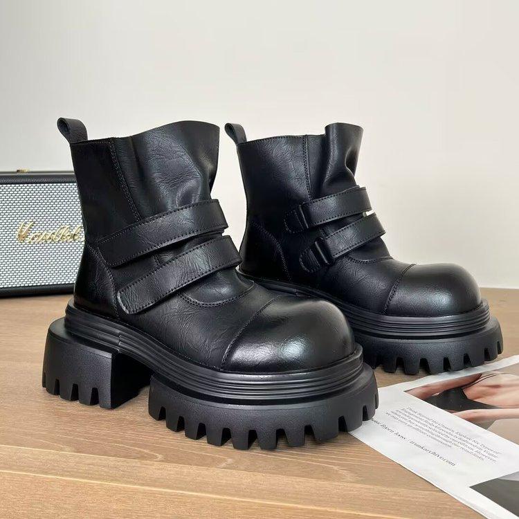 

Cowhide version~ British style retro pleated thick heel Martin boots children s new Velcro high heel western boots short boots 35