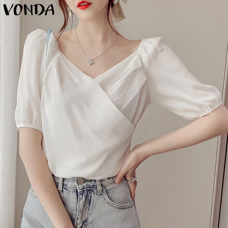 

VONDA Летняя женская блузка с пышными рукавами и V-образным вырезом, простые топы