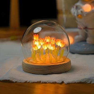 Tulpen LED Nachtlicht, Kristallkugel Tischlampe, Dekorative künstliche Blumen, Weiches Leuchten Glas, Wohnzimmerleuchten, Ideal für & Geschenke - 8 cm,