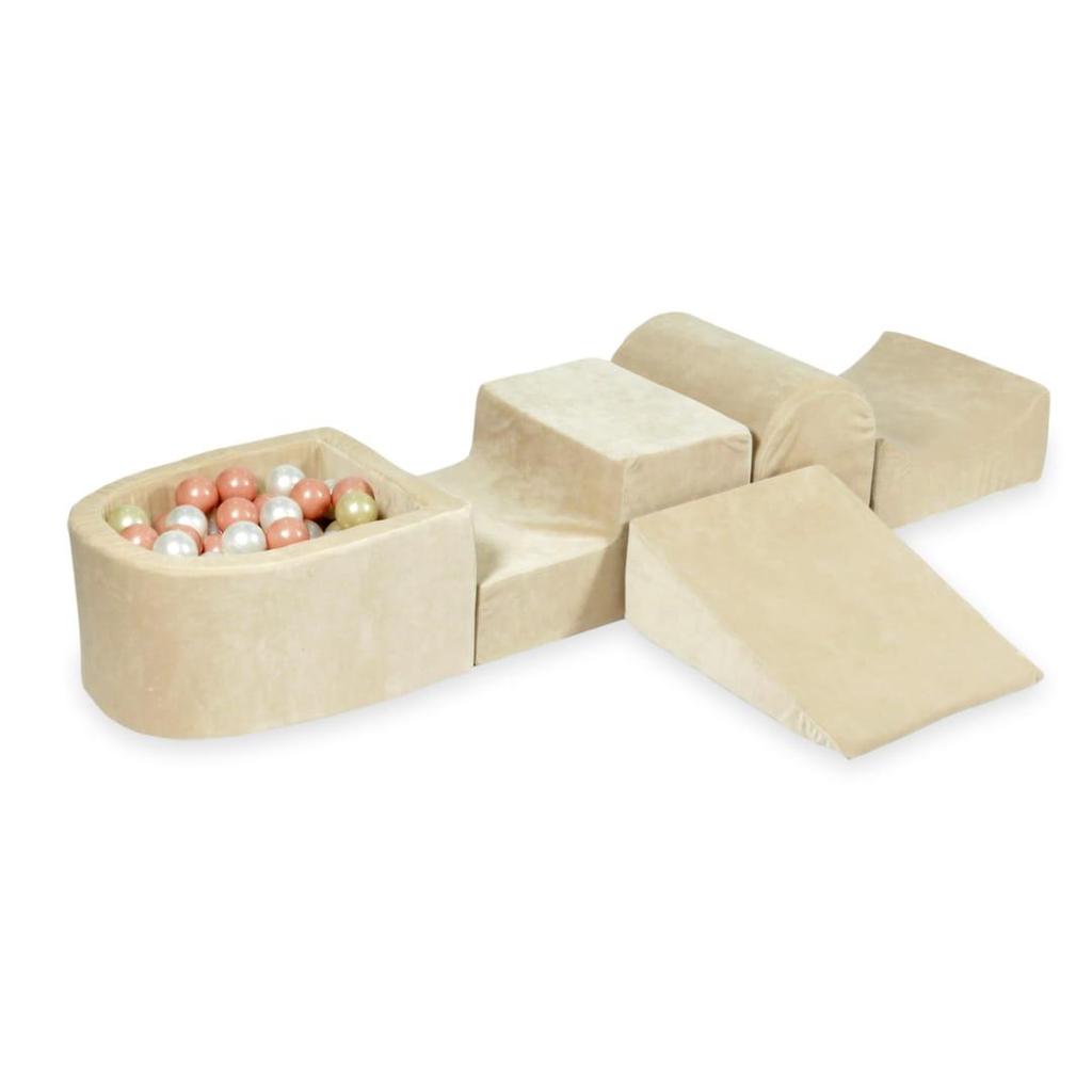 Foam Playground with Hill and Pool Micro Velvet Soft Beige + 100 Balls: Rose Gold, Light Gold, Pearl