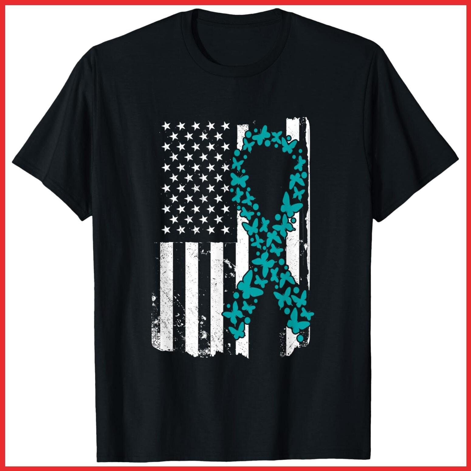 Ovarian Cancer Ribbon Awareness Black Cotton T-Shirt S-5XL S