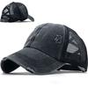 Mens Soft Top Washed Cotton Ripped Mesh Distressed Embroidered Logo Ponytail Sporty Breathable Waterproof Baseball Cap