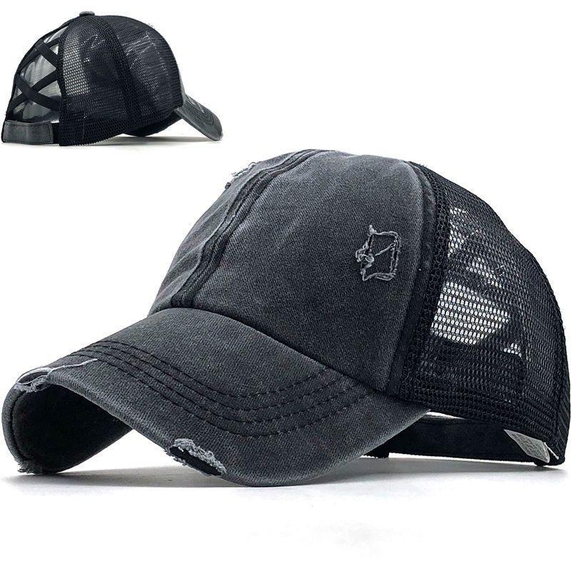 Mens Soft Top Washed Cotton Ripped Mesh Distressed Embroidered Logo Ponytail Sporty Breathable Waterproof Baseball Cap Adjustable чёрный