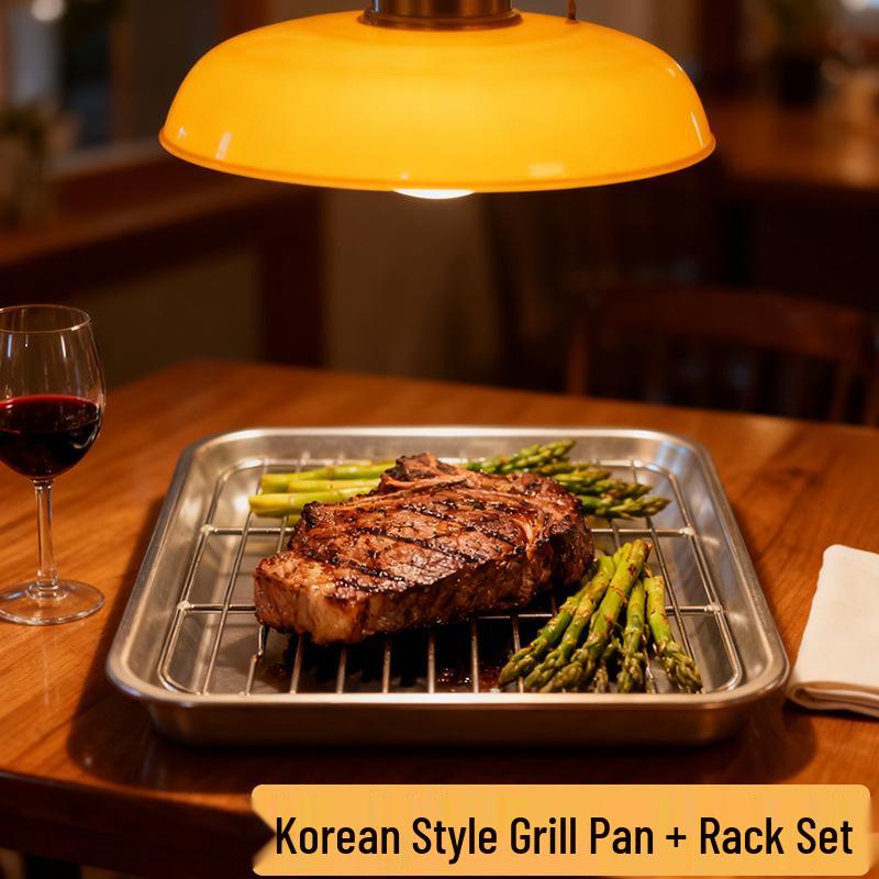 304 Stainless Steel Rectangular Grill and Baking Pan Set with Oil Draining Rack