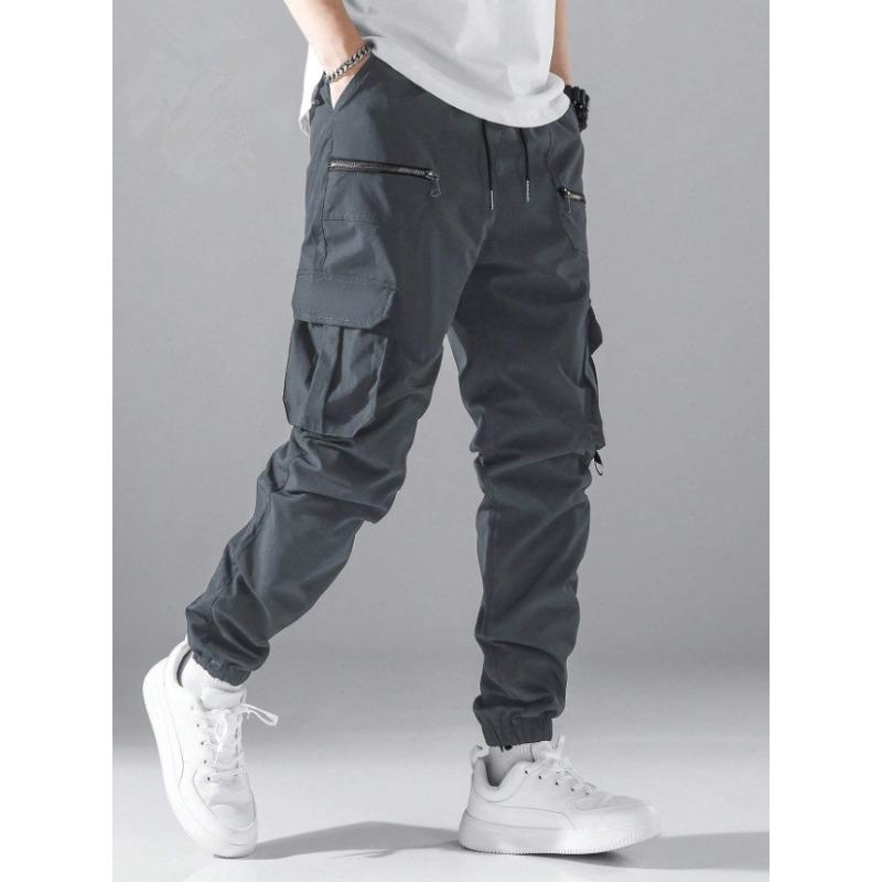 Men Elastic Waist Cargo Pants Multi Zipper Pocket Joggers Casual Streetwear Outdoor Slim Long Trousers