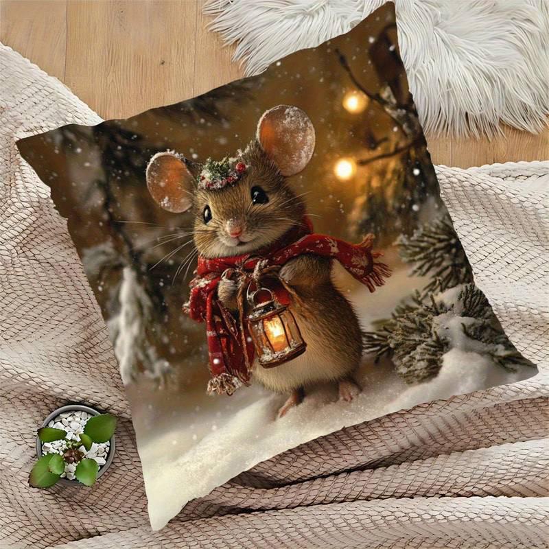 Squirrel Wearing Hat with Christmas CharmSuitable for sofa car bedroom decorative cushion cover pillow cover