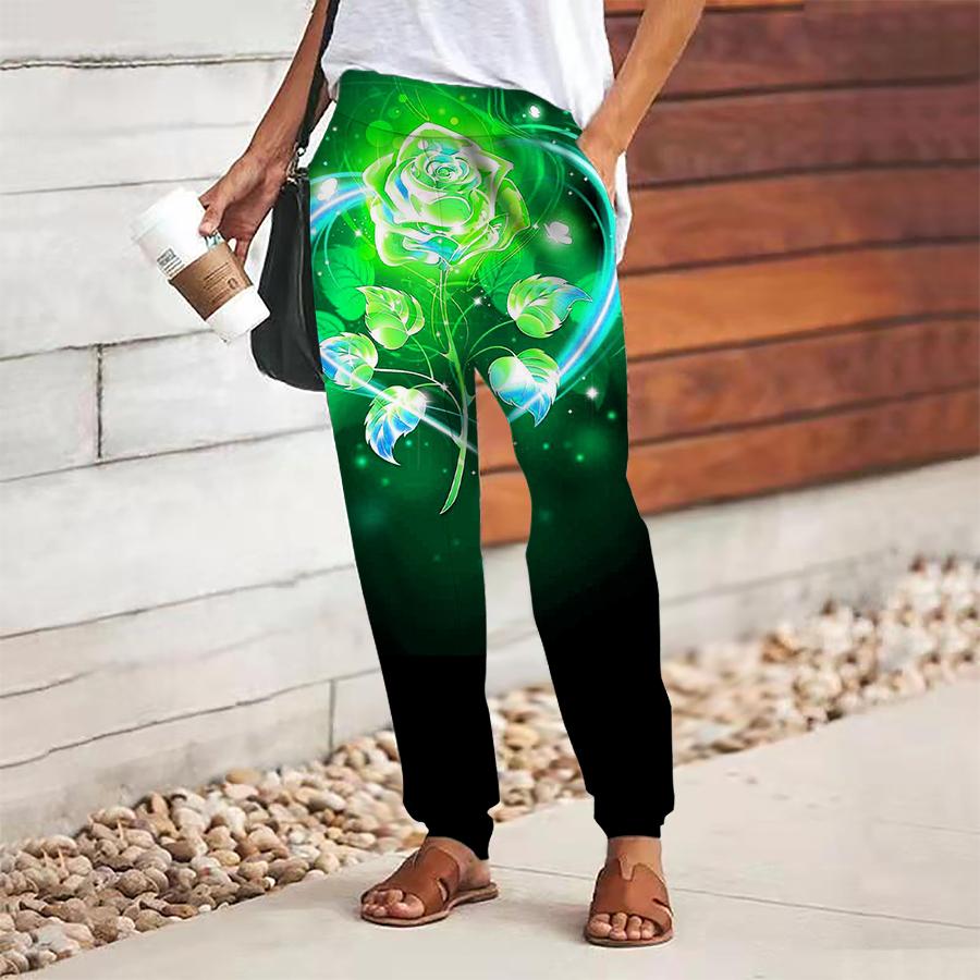 Dámské kalhoty s květinovým potiskem na šněrování s elastickým pasem volné kalhoty ležérní dlouhé kalhoty kalhoty s kapsami