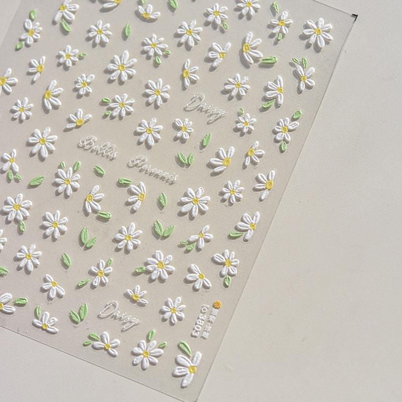 1Sheet 5D Soft Embossed Relief Nail Stickers Cute Daisies Self Adhesive Slider Stickers Press On Nails DIY Nail Art Dec