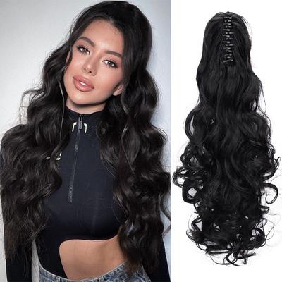 Claw Ponytails Synthetic Long Wavy Black Ponytails Hair Extension Drawstring Ponytails For Women Heat Resistant Fake Hair Daily Wear