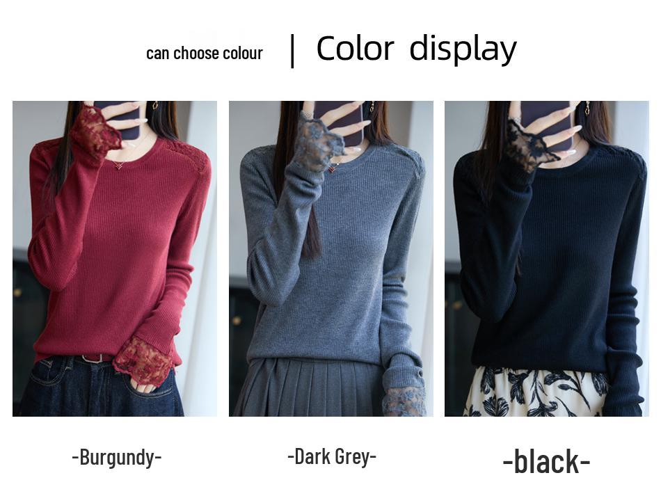 Černý krajkový patchworkový zeštíhlující svetr: Dámský pletený top s krajkovým lemem pro podzim/zimu