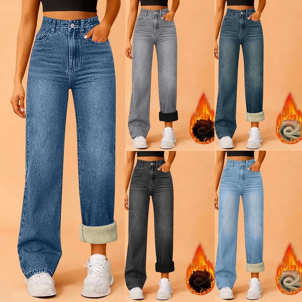 Women Winter Thciken Fleece Warm Denim Jeans Ladies High Street Full Length Long Straight Pants