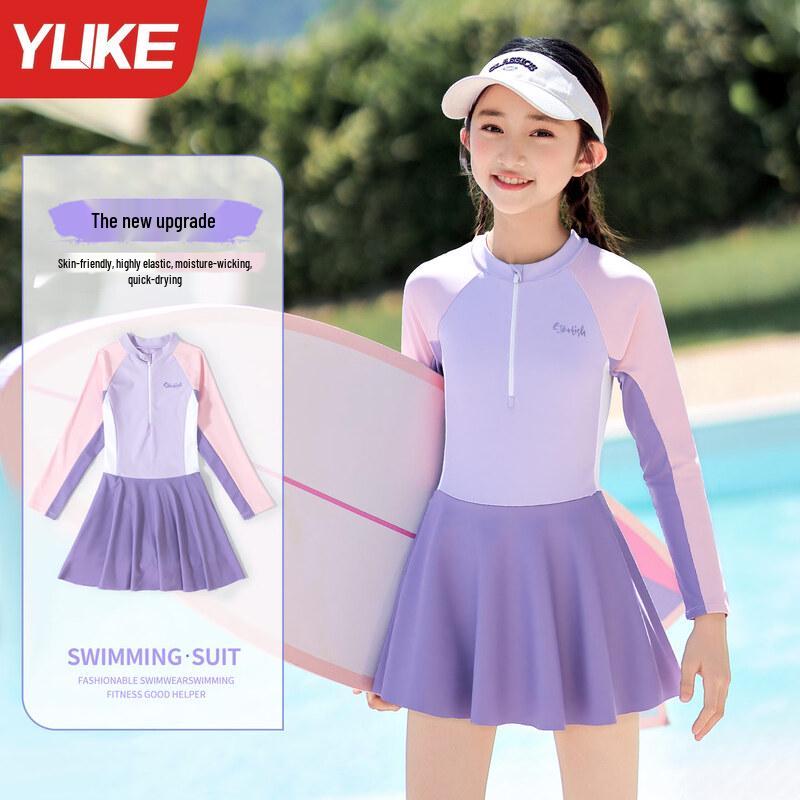 Yuke Girls  Long-Sleeve Skirt One-Piece Swimsuit Set 140
