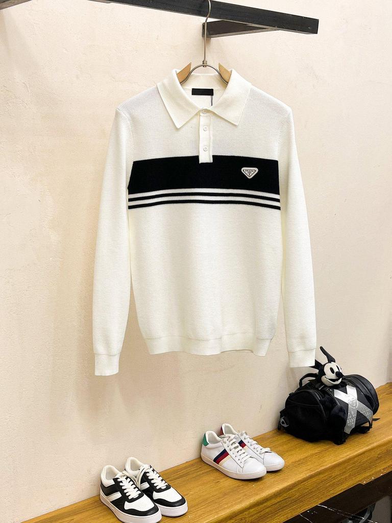 European Men's Luxury Knit Polo with Stripe Patchwork and Triangle Logo