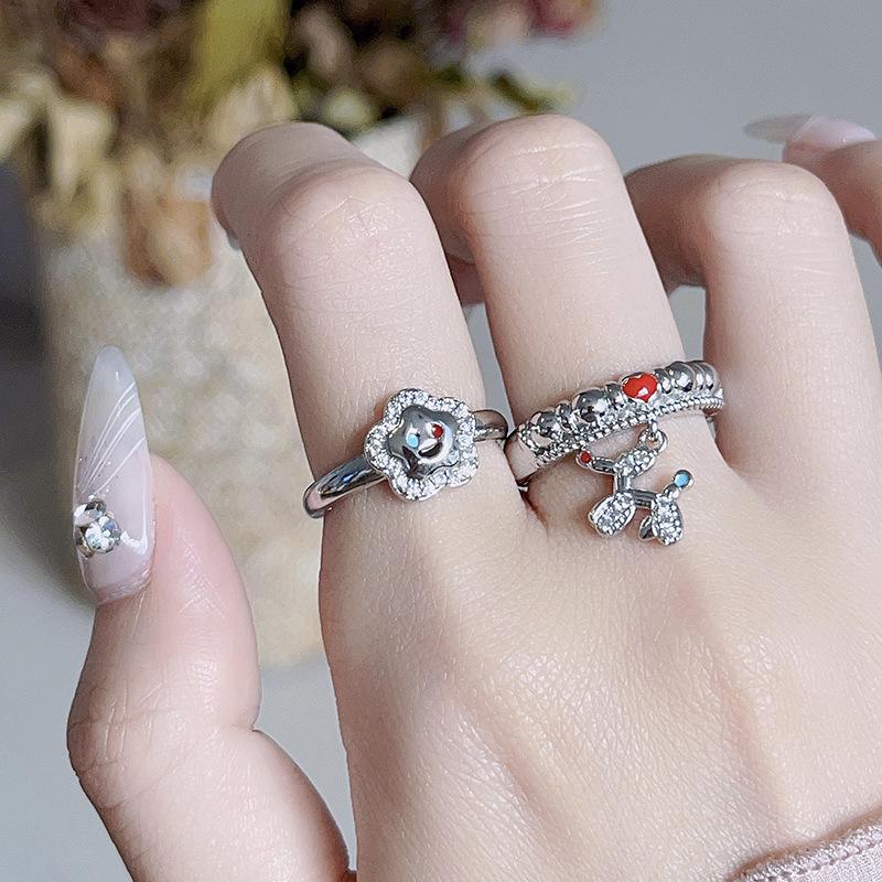 Cold Wind Dripping Oil Dog Colored Ring Female Niche Design Feeling Smiley Face Flower Rainbow Index Finger Open Ring