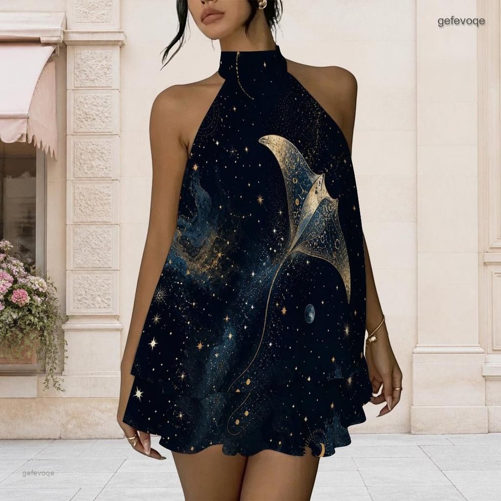Women Plus Size Halter Neck Sleeveless Red Blue White Printed Layered Hem Faux Two Piece Open Back Mini Dress