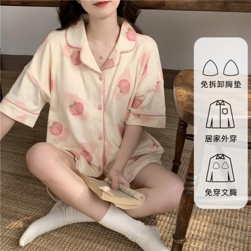 

New Korean Version Pajamas with Breast Pad for Women in Summer Thin Cardigan Lapel Sweet Girl Can Wear Home Clothes Set XL