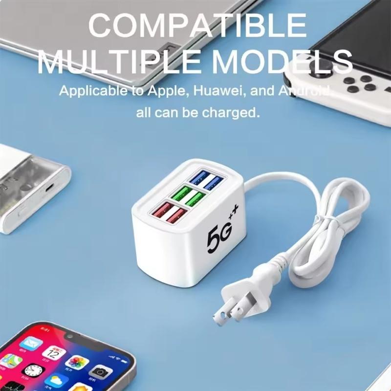 Fast USB Charger 6 In 1 Power Strip Desktop Charging Station Fast Charging 1m Cord USB HUB Adapter Socket for iPhone 16 Home