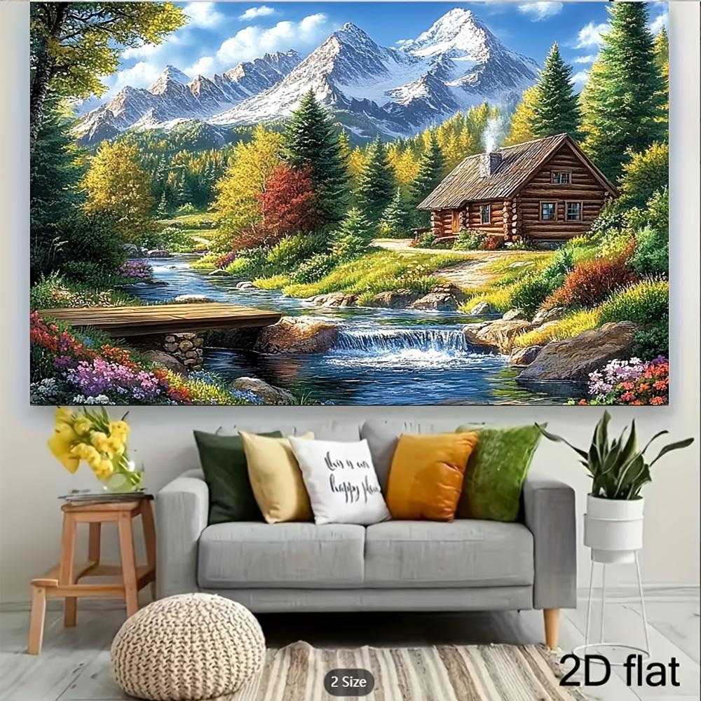 2D Plane 1 Piece of Mountain Cabin Landscape Background Fabric Suitable for Home Wall Decoration Photography and Parties