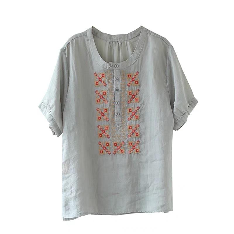 Summer New Chinese Cotton and Linen Embroidered Short-sleeved Shirt Women's Half-open Round Neck Solid Color Pullover