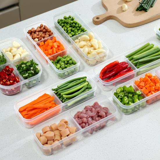 2Pcs Slim Meal Prep Boxes with Lids Long Clear Snack Containers with 2 or 3 Compartments Narrow Stackable Refrigerator Organizer for Fridge Pantry