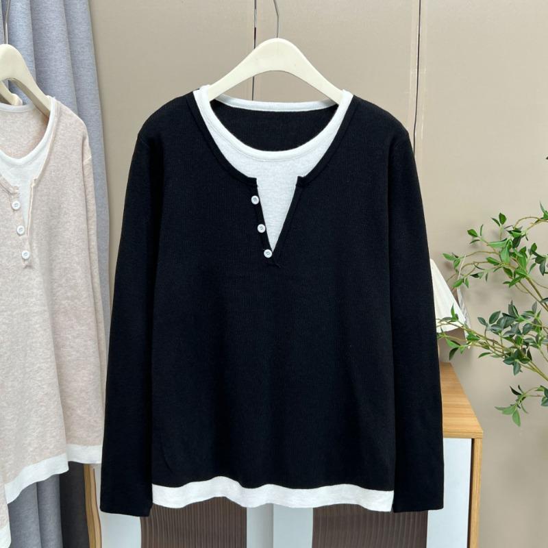 Fashion Versatile Fake Two Piece Knit Plus Size Long Sleeve Sweater For Women