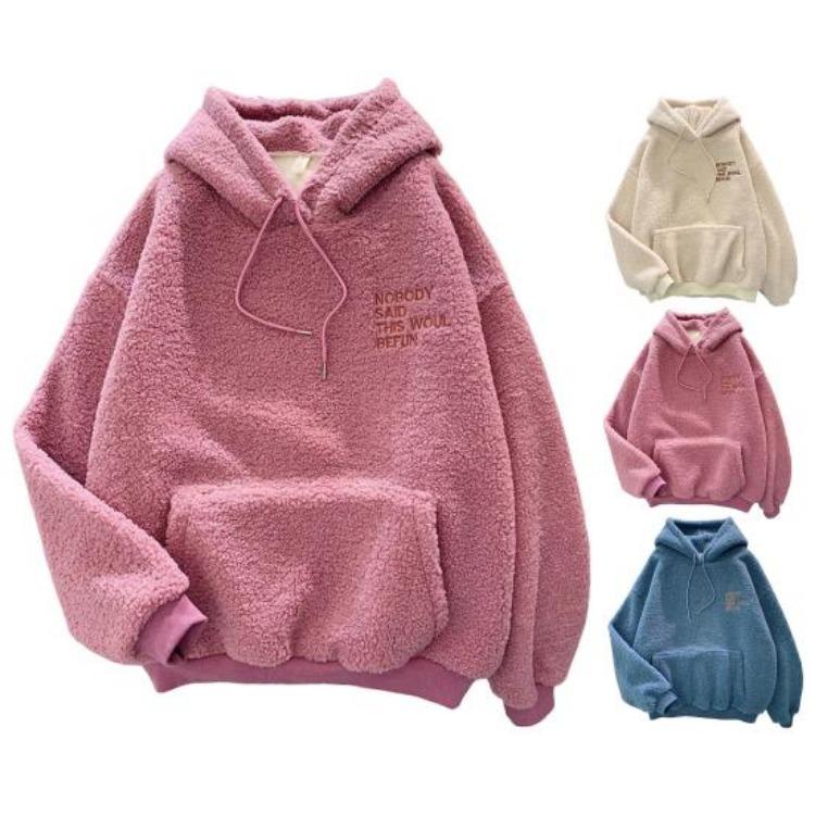 Fleece Pullover Top Warm Loose Women Long Sleeves Thick Drawstring Cuff Elastic Letter Patch Pocket Embroidery Fall