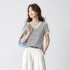 Srcr Women's 100% Mulberry Silk Striped V-neck Short Sleeve T-Shirt