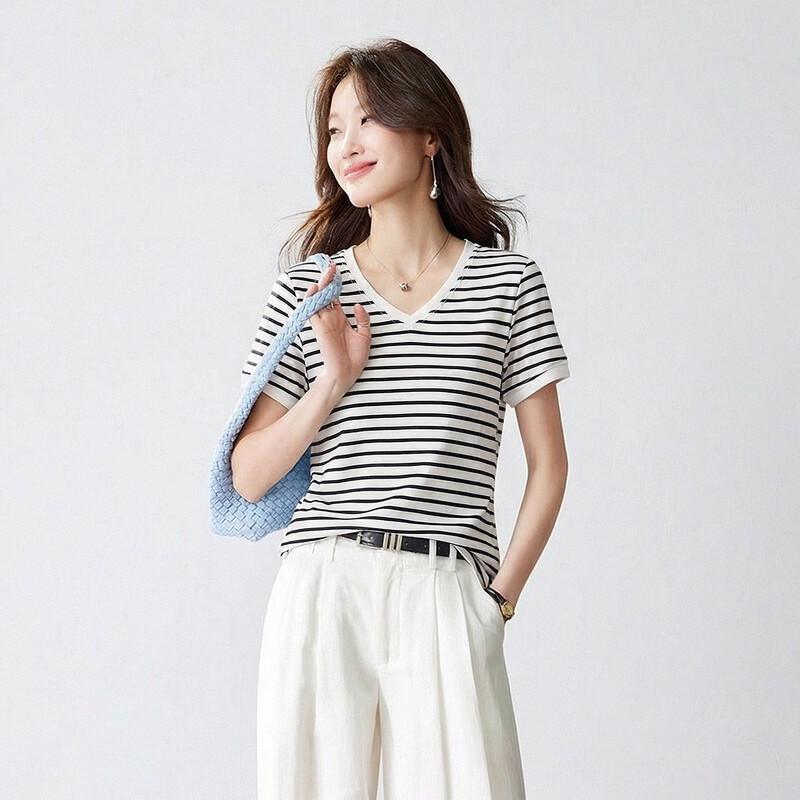 Srcr Women's 100% Mulberry Silk Striped V-neck Short Sleeve T-Shirt