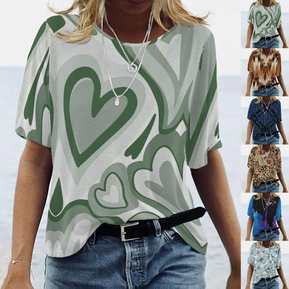 

2023 Лето Женский короткий рукав Круглый принт шеи Плюс Размер Топ S-XXL