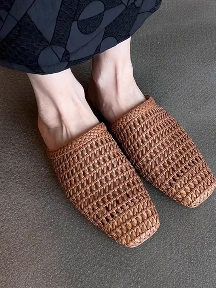 Soft Leather Version~ Hand-woven Mesh Yarn Bag Head Sandals Women's French Versatile Hollowed-out Outer Wear Square Head Flat Bottom Half Slippers