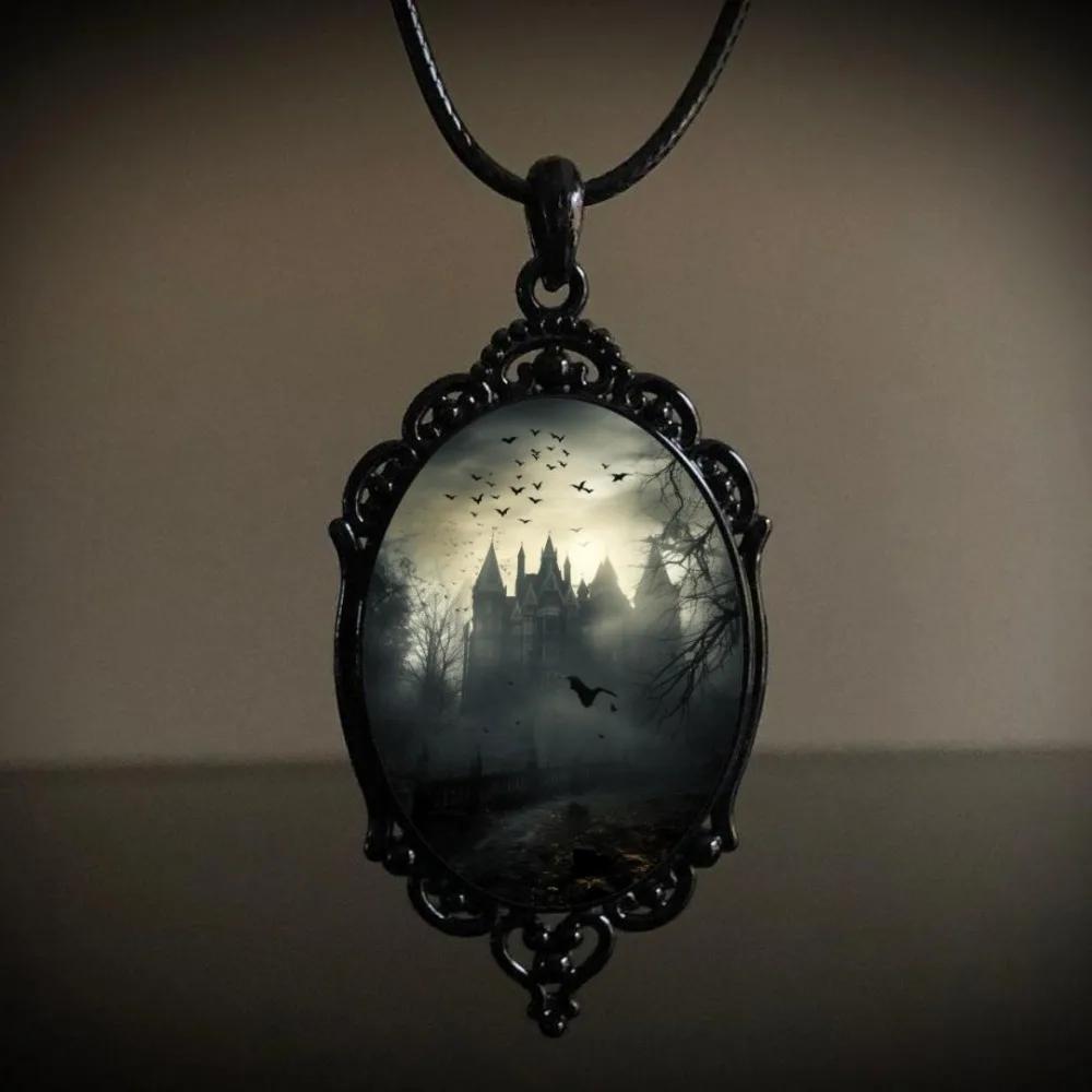 Gothic Black Oval Bat Castle Crow Cross Cemetery Vampire Pendant Leather Rope Necklace for Women Men Hallowmas Jewelry Gift